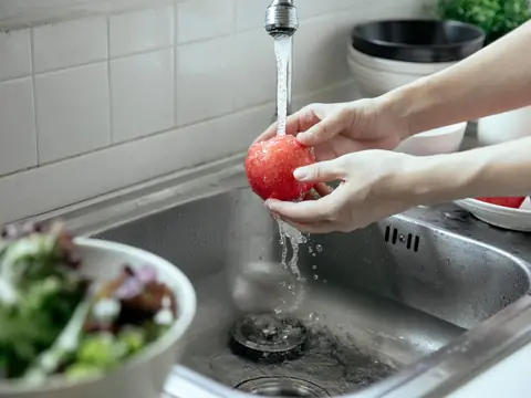 Hands rinsing a red apple under a kitchen faucet