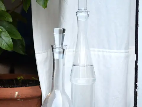 Two clear glass bottles of water on a sunny windowsill beside a green plant