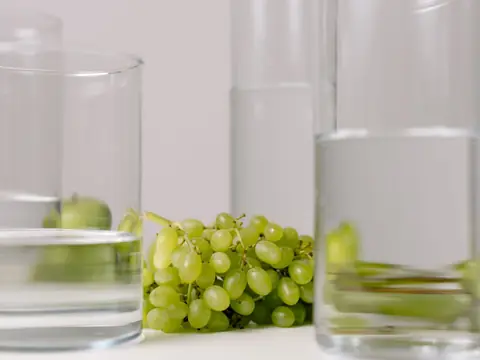 Clear glasses of water beside green grapes on a white table
