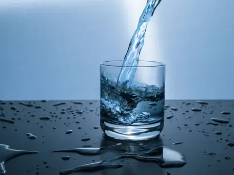 Clear water pouring into a drinking glass on a wet table