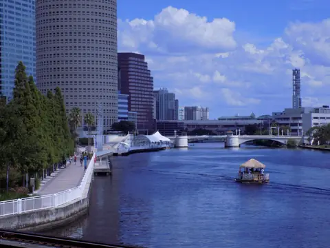 The Hillsborough River running through downtown Tampa beside the Riverwalk