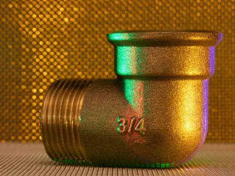 A brass three-quarter inch pipe elbow on a gold background