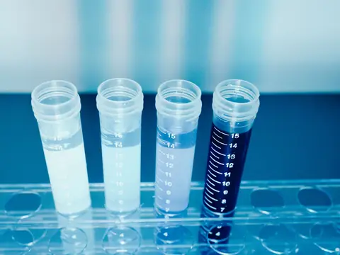 Four sample tubes of clear and tinted liquid in a rack