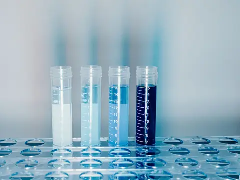 Sample tubes of clear and blue liquid in a rack