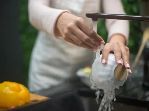Hands rinsing a white bowl under a running kitchen faucet